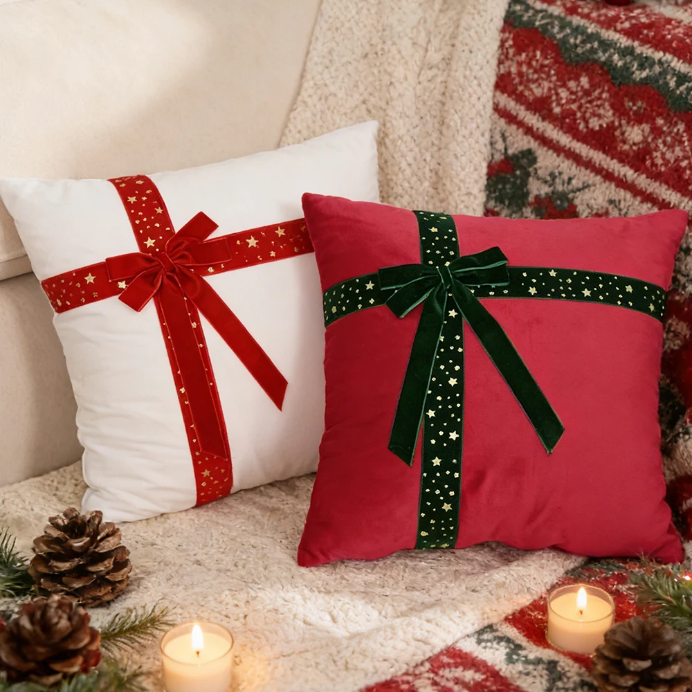 BUYNOW 1PC Velvet Leaf Bow Lace Pillowcase Without Filler American Vintage Christmas Vibe Sofa Bedroom Cushion Cover Home Decor