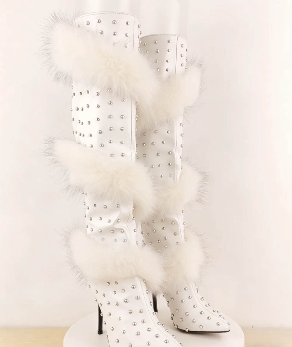 Fashion Leather Pointed Toe Over-the-Knee Boots Round Silver Studded Detail Plush Faux Fur Trim Stiletto Heel Punk Style Boots