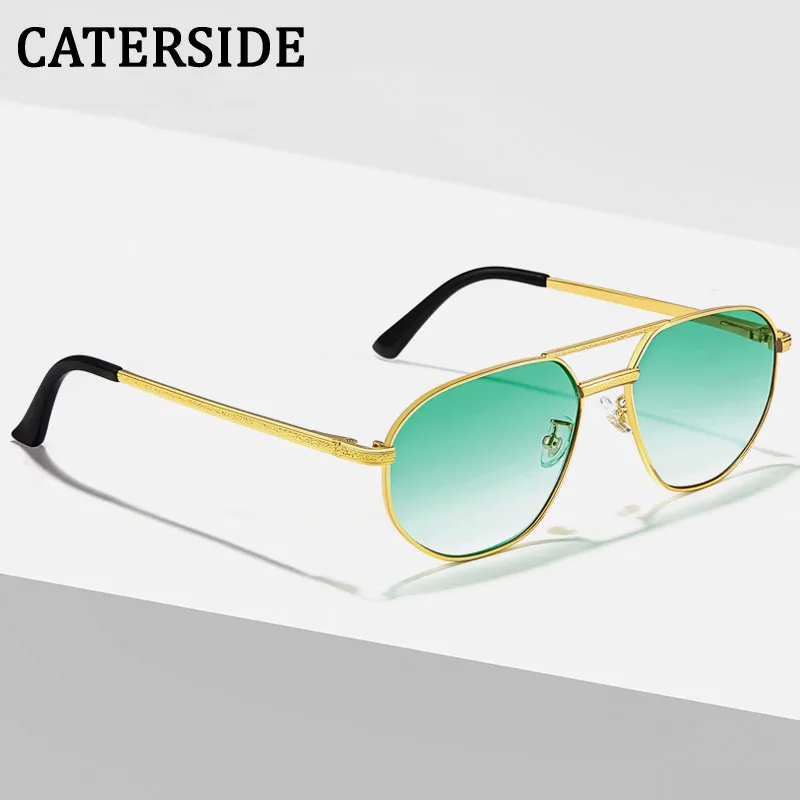 CATERSIDE 2023 New Retro Pilot Sunglasses Male Women Polygon High Quality Metal Sun Glasses Blue Double Bridge Eyewear UV400