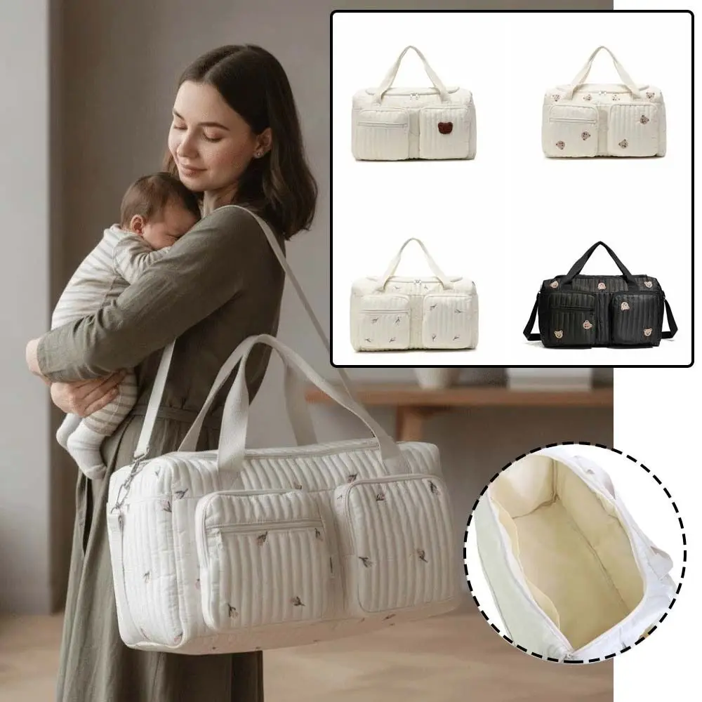 Large Capacity Diaper Organizer Quilted Cotton Multi-pocket Mommy Bag Lightweight Zipped Travel Handbag Daily Outing