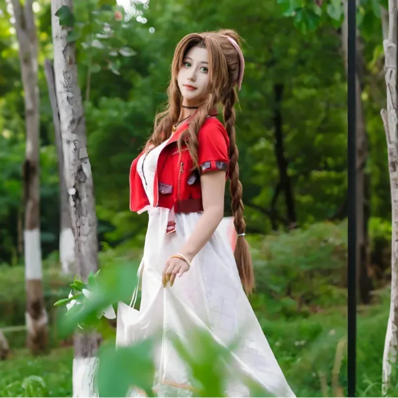 Game Final Fantasy VII Aerith Cosplay Costume Long Dress Coat Decorative Accessories Full Set Activity Party Carnival Dress Up