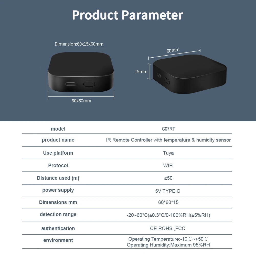 Inteligentny pilot zdalnego sterowania Tuya Smart IR z czujnikiem temperatury i wilgotności, portem wifi Type-C, obsługa klimatyzacji, telewizora, kompatybilny z Alexa.