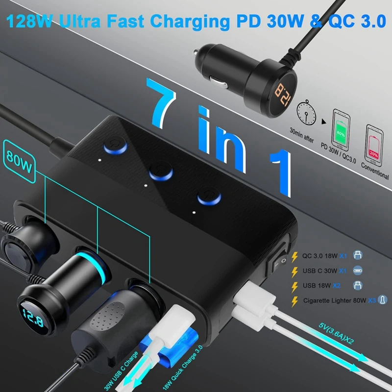 7 in 1 차량용 충전기 어댑터 분배기, 3 소켓 전원, 12V, 24V, C타입 및 2 USB 충전 포트, LED 전압 디스플레이
