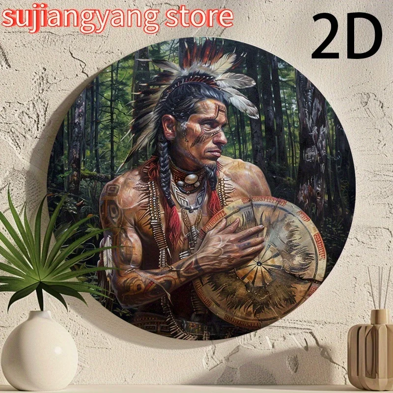 Vintage Native American War Chief 20,32 x 20,32 cm rundes Aluminium-Wanddekorschild – langlebige, leicht zu reinigende Metallkunst für Zuhause, Küche