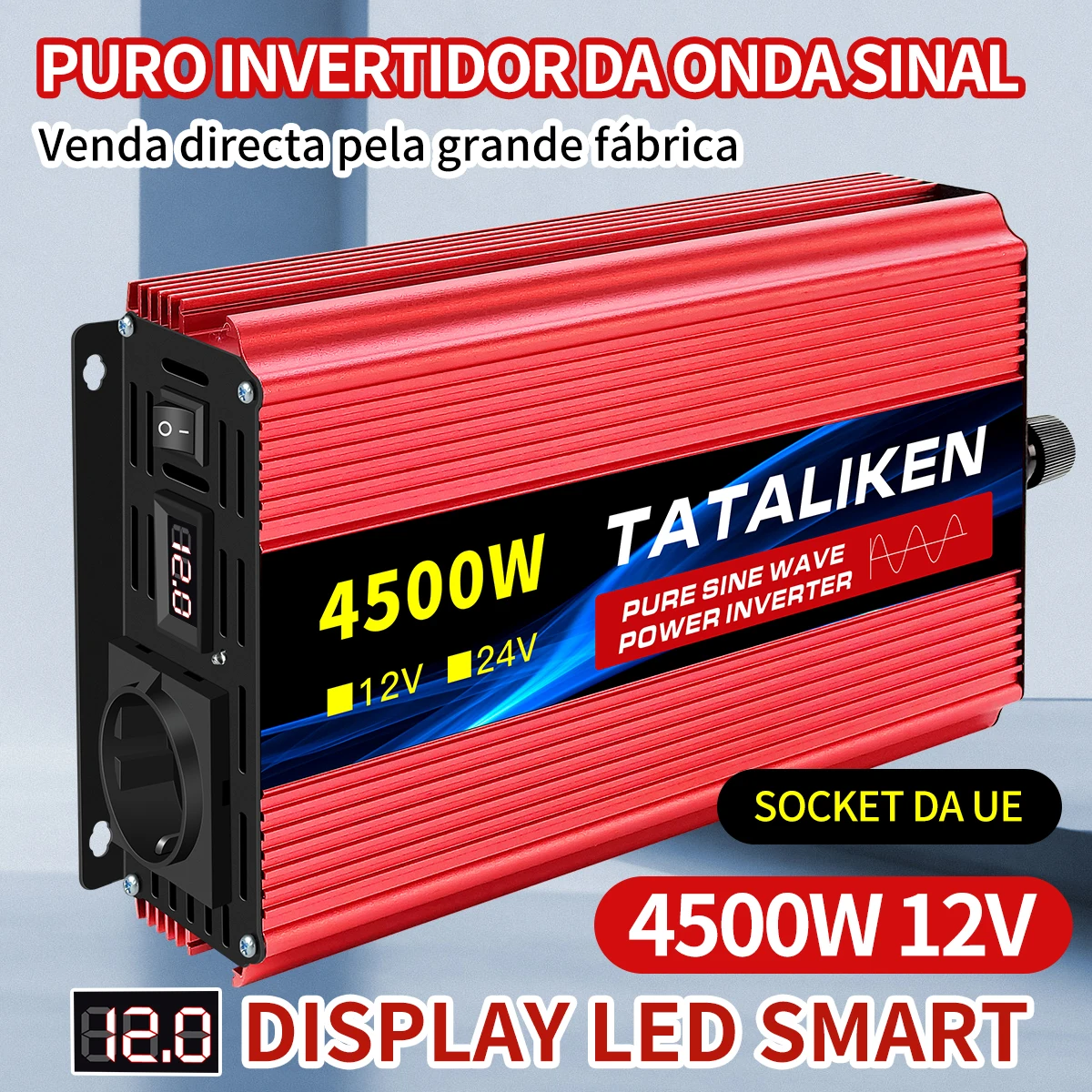 Inversor de tomada ue onda senoidal pura, acessórios automotivos dc 12v/24v para ac 220v conversor de transferência de tensão adaptador de carregamento display led