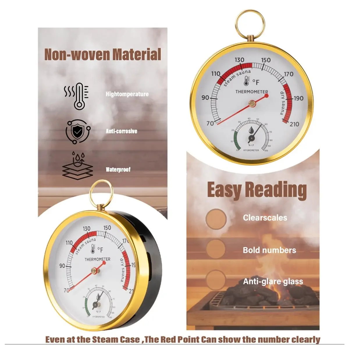 (PQWN) Sauna Thermometer and Hygrometer Combo with Dual Mount - Precise Climate Control for All Sauna Types