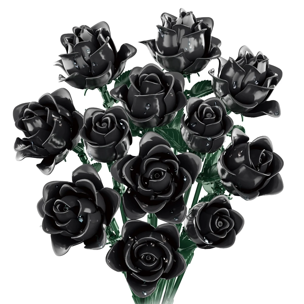 12개의 검은 장미 꽃 블록 세트 성인용 부케 디스플레이 모델 고딕 플로럴 장식 로맨틱 선물 홈 데스크 장식 장난감