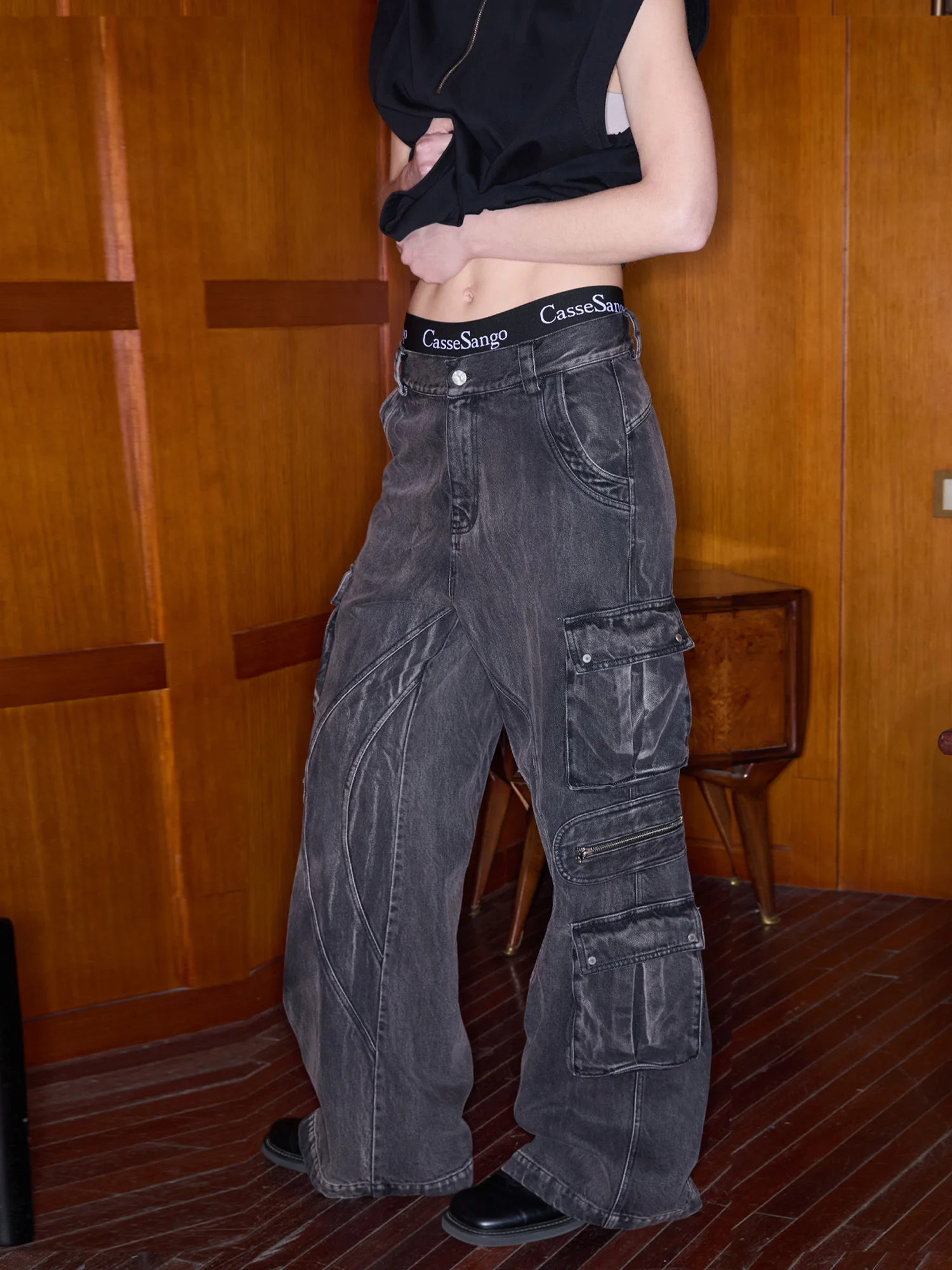 CasseSango Vintage Washed Loose Flared Zipper Design Workwear Jeans Multiple Pockets Heavy Duty Casual Denim Trousers