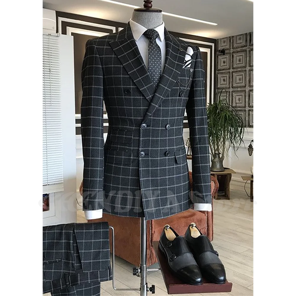 

Customized Black Plaid Men's Suit Classic Fit Peaked Lapel Formal Business Elegant Double Breasted Office Male Outfit Set
