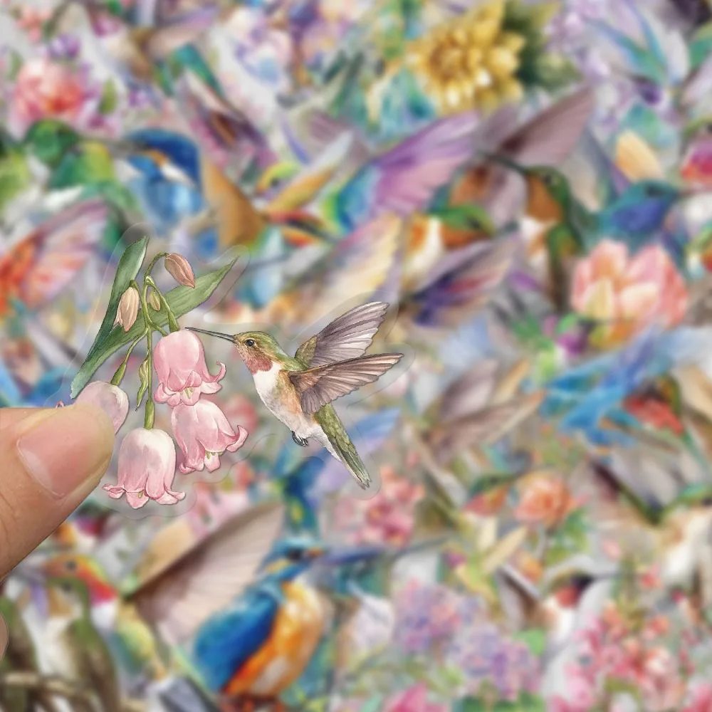 50Pcs Hummingbird Watercolor PET Stickers Waterproof Floral Bird Decals for DIY Crafts Laptops Water Bottles Scrapbooking