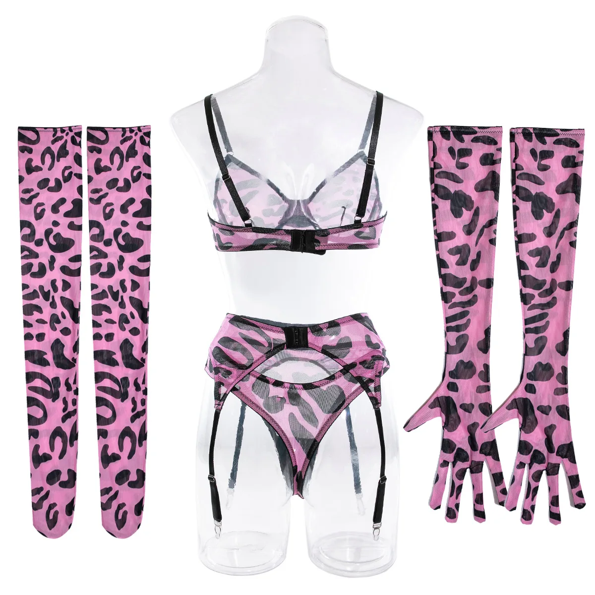 Sexy rosa Leopardenmuster BH Handschuhe Beinsocken Dessous Set Damen Perspektive Mesh exotische Unterwäsche Versuchung Fetisch XXX