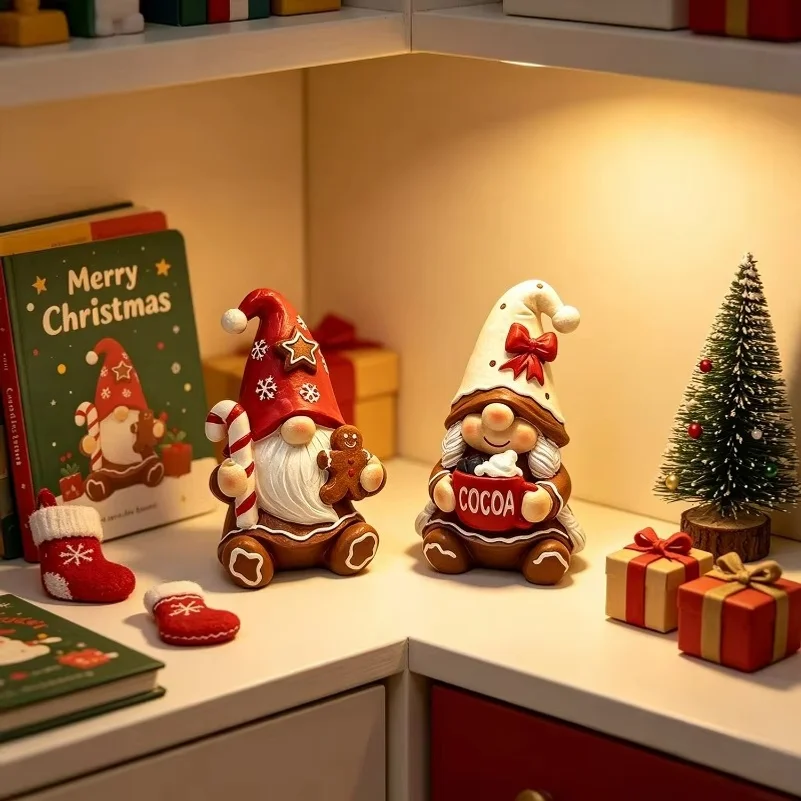 Resin Gingerbread Dwarf Couple Figurine Christmas Gnome Pair Ornament for Shelf Mantel Home Xmas Table Decor Holiday Gift