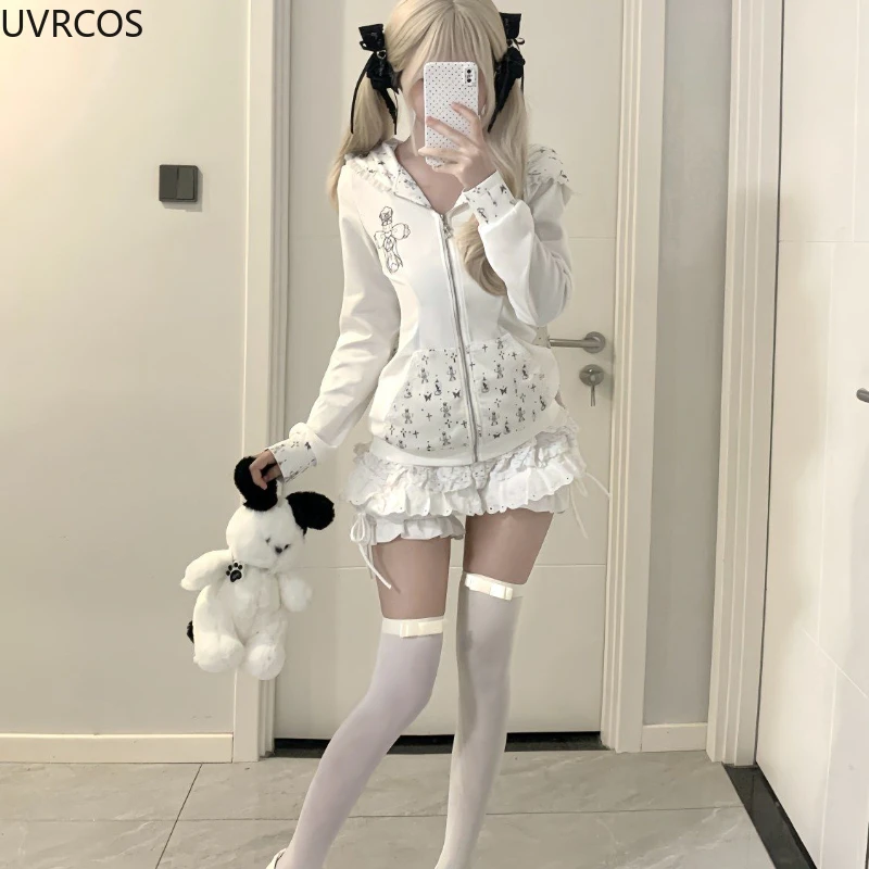 Y2k Aesthetic Lolita Style 2 Piece Set Women Kawaii Print Bunny Ear Hooded Sweatshirt Jacket Ruffle Mini Skirt Gothic Skirt Suit