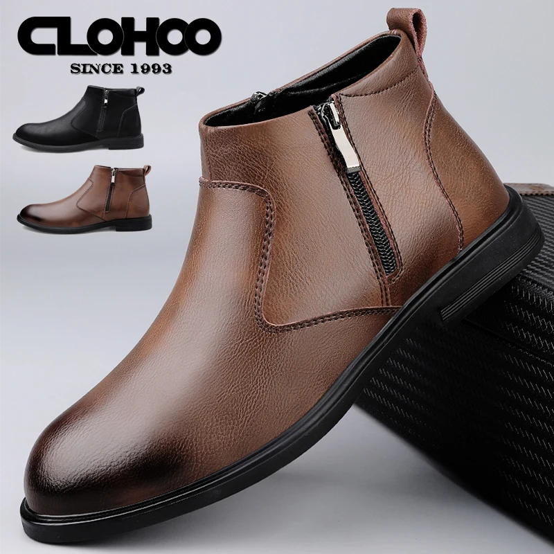 CLOHOO Handmade Men's Boots Business Casual Cowhide High-Top Chelsea Boots Zipper Men's Shoes Leather Ankle Boots