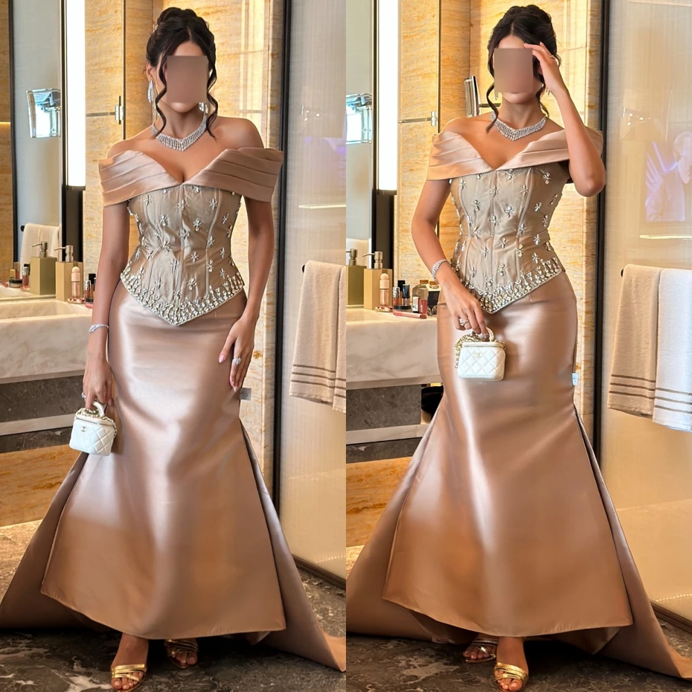 

Customized Simple champagne Satin Evening Dress Soft Boat Neck Off the Shoulder Prom Dress Delicate Crystal Mermaid Party Dress