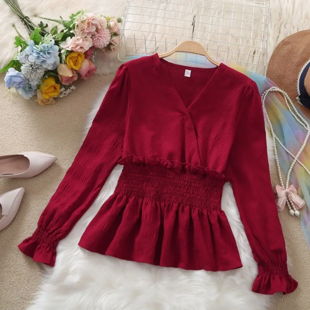 ファッション V ネックシフォン薄手シャツスリムフィットソリッドカラーシフォン Tシャツ女性長袖フリルエッジレディーストップスストリートウェア