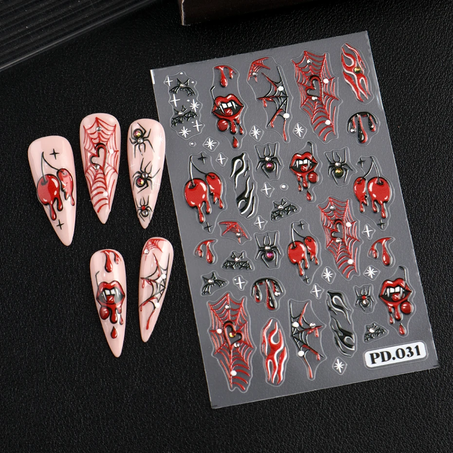 2 pcs 5D Embossed Horror Mouth Lips Red Spiders Nail Stickers Halloween Y2K Spider Web Bleeding Blood Flame Nail Decals view 5