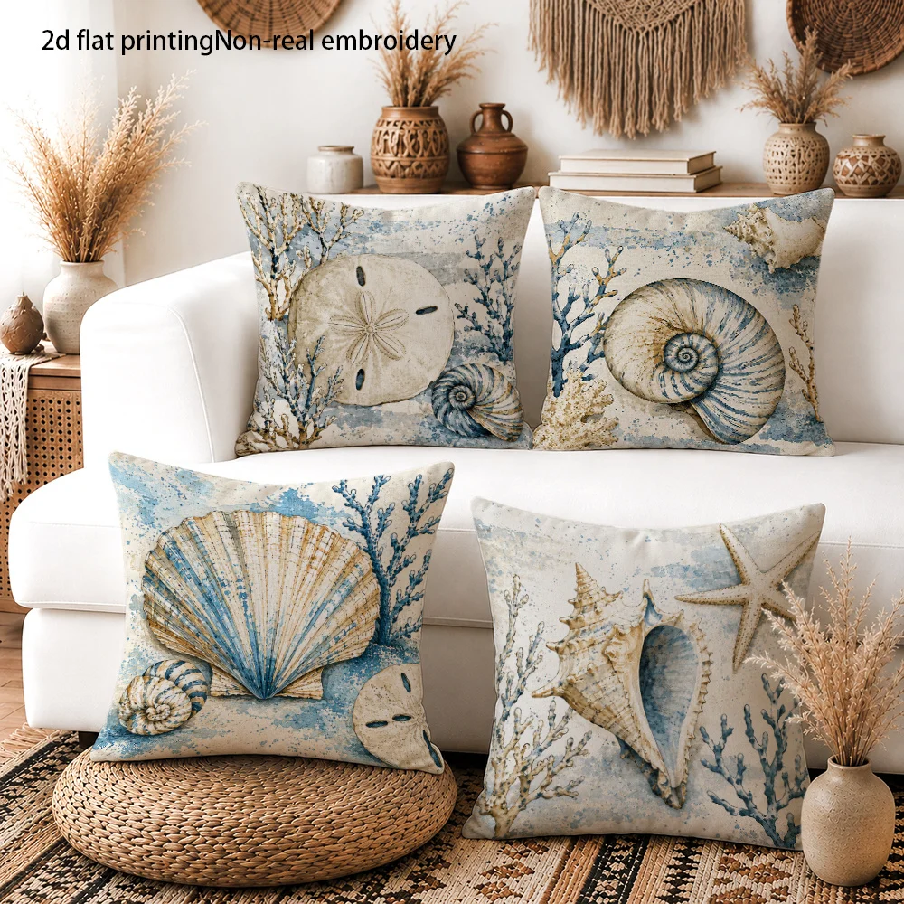 Coastal Nautical Beach Theme Throw Pillows Covers Set Polyester Ocean Shell Scallop Starfish 2D Printed Cushion Accent Pillow Ho