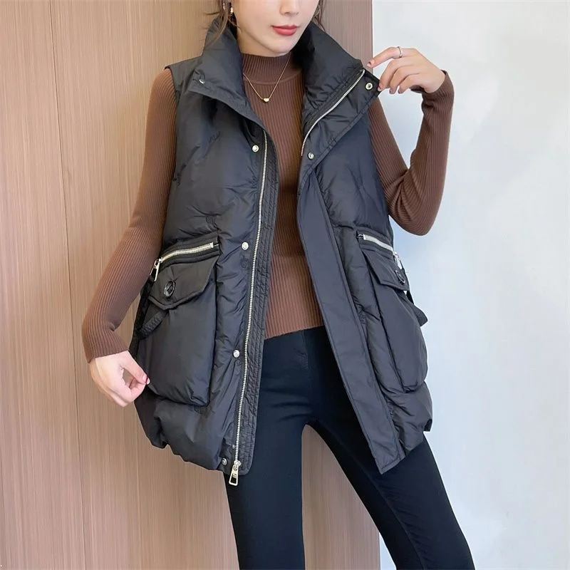 2024 New Down Cotton Vest Women\'s Autumn Winter Fashion Korean Cotton Padded Thick Warm Sleeveless Waistcoat Parkas Femme