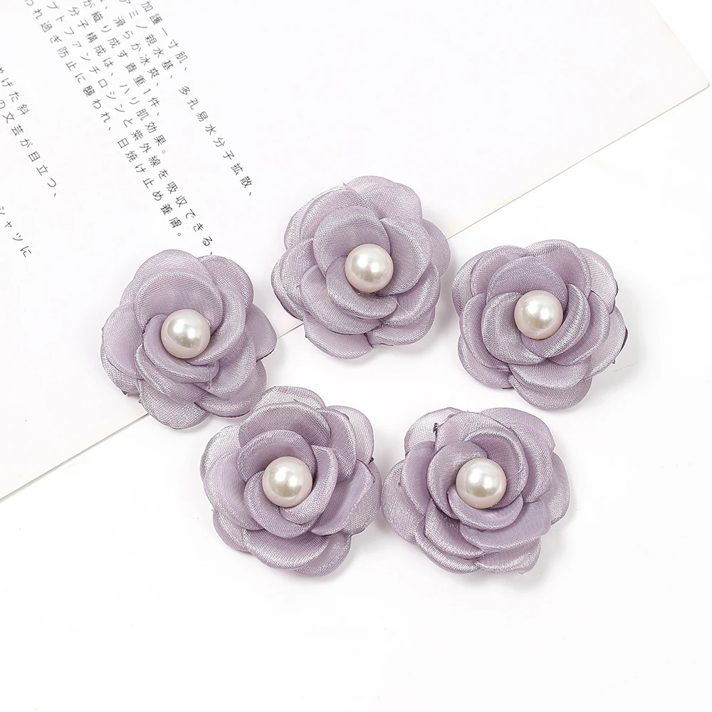 5PCS Artificial Flowers Head With Bead Chiffon Fabric Hairpin Corsage Wedding Dress Clothing Making Accessories Silk Flowers