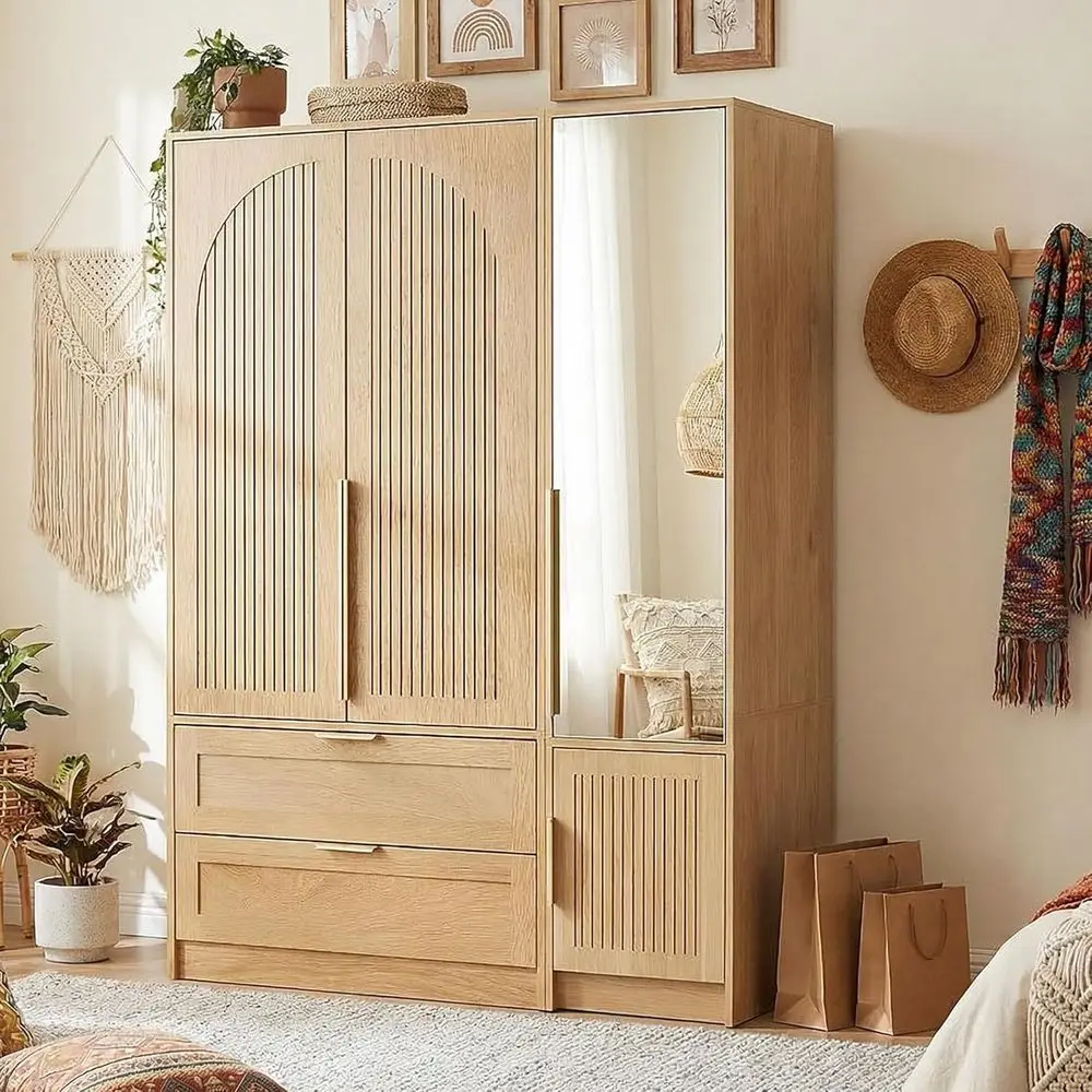 

3-Door Wooden Wardrobe with Mirror & Drawers, 19.6 Deep, 62.2 Tall Freestanding Closet Organizer in Natural Finish