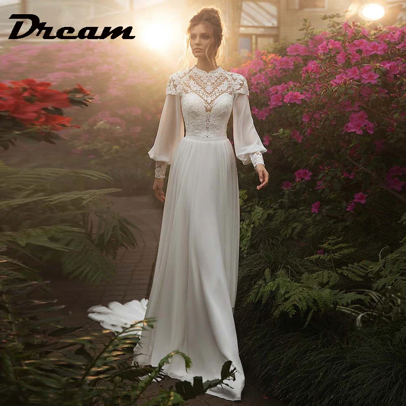 DREAM Customized Chiffon Long Puffy Sleeves Boho Wedding Dresses 2025 High Neck Lace Appliques Muslim Bridal Gown Vintage Dress