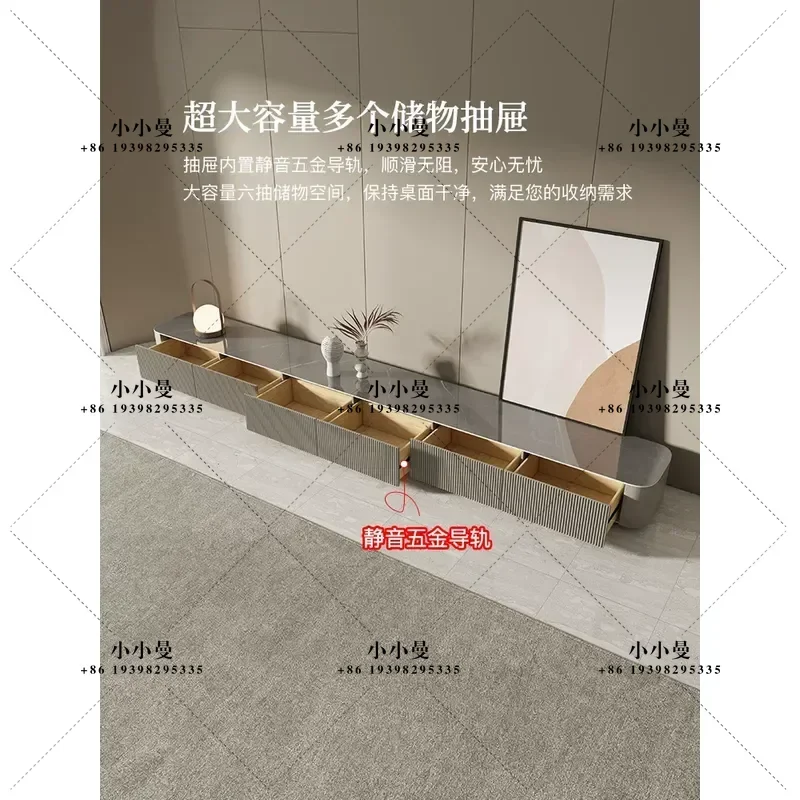 Modern Italian Style Long Rock Slab TV Cabinet Gray Floor Standing Media Console for Living Room Small Apartment Home