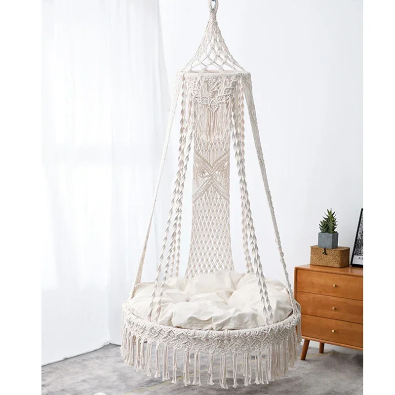 Handwoven Cotton Round Swing Chair Indoor Outdoor Large Size Bohemian Macrame Hammocks