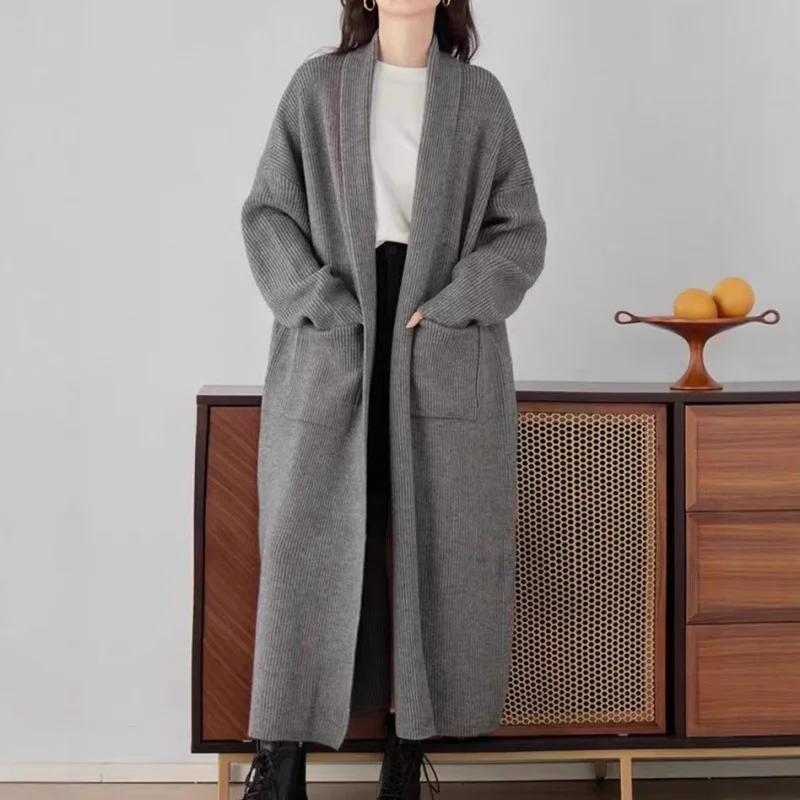 

2023 Korean Style Lazy Mid-Length Sweater Coat Women, New Autumn Winter High-End Loose Soft Over--Knee Knitted Cardigan