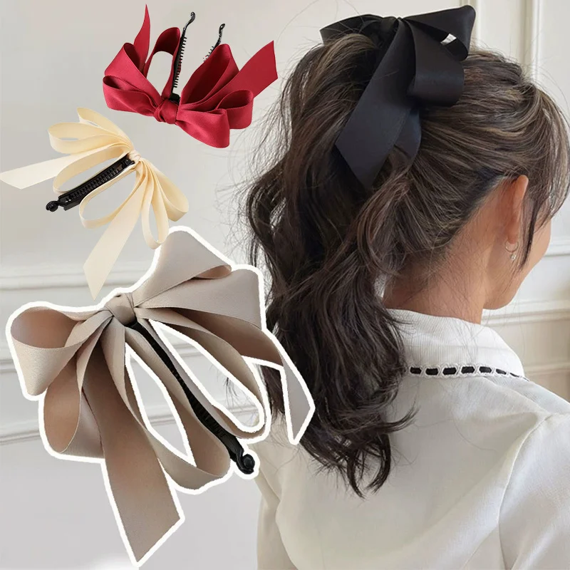 Hair Bows for Women, Bow Hair Clips, Silky Satin Hair Bows for Girls, Neutral Colors Hair Ribbon, Cute Bow Clips for Women