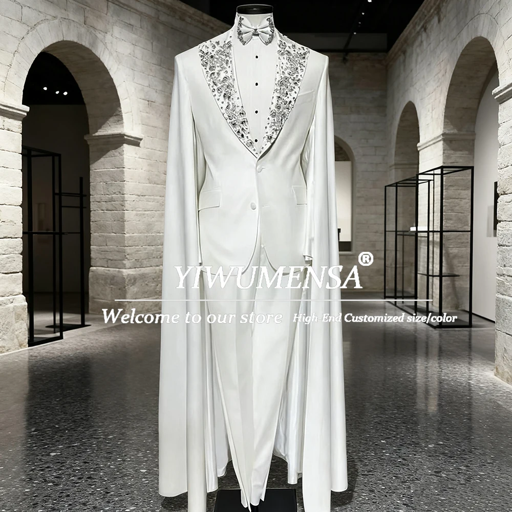 

Luxury Diamond Beads Suits Men For Wedding Customized Prom Blazer With Cape Man Banquet Party Jacket Pants 2 Pieces Groom Tuxedo