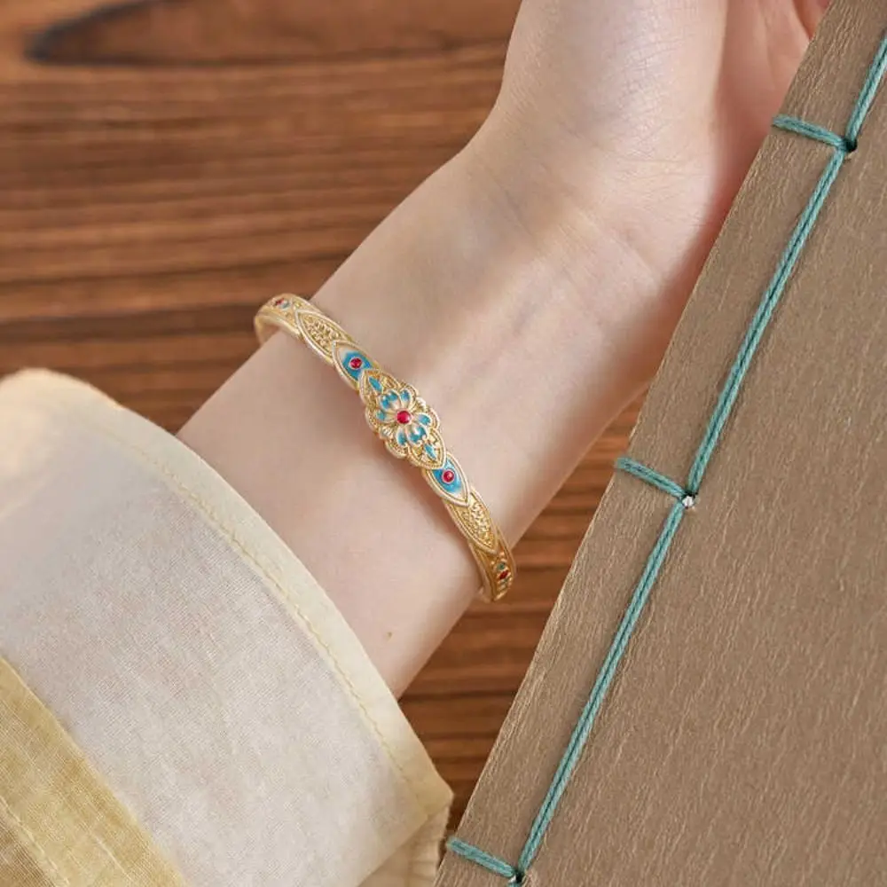

Elegant Flower New Chinese Style Bracelet Hand Jewelry Decoration Enamel Lotus Hand Bangle Vintage Retro Opening Hand Ring Women