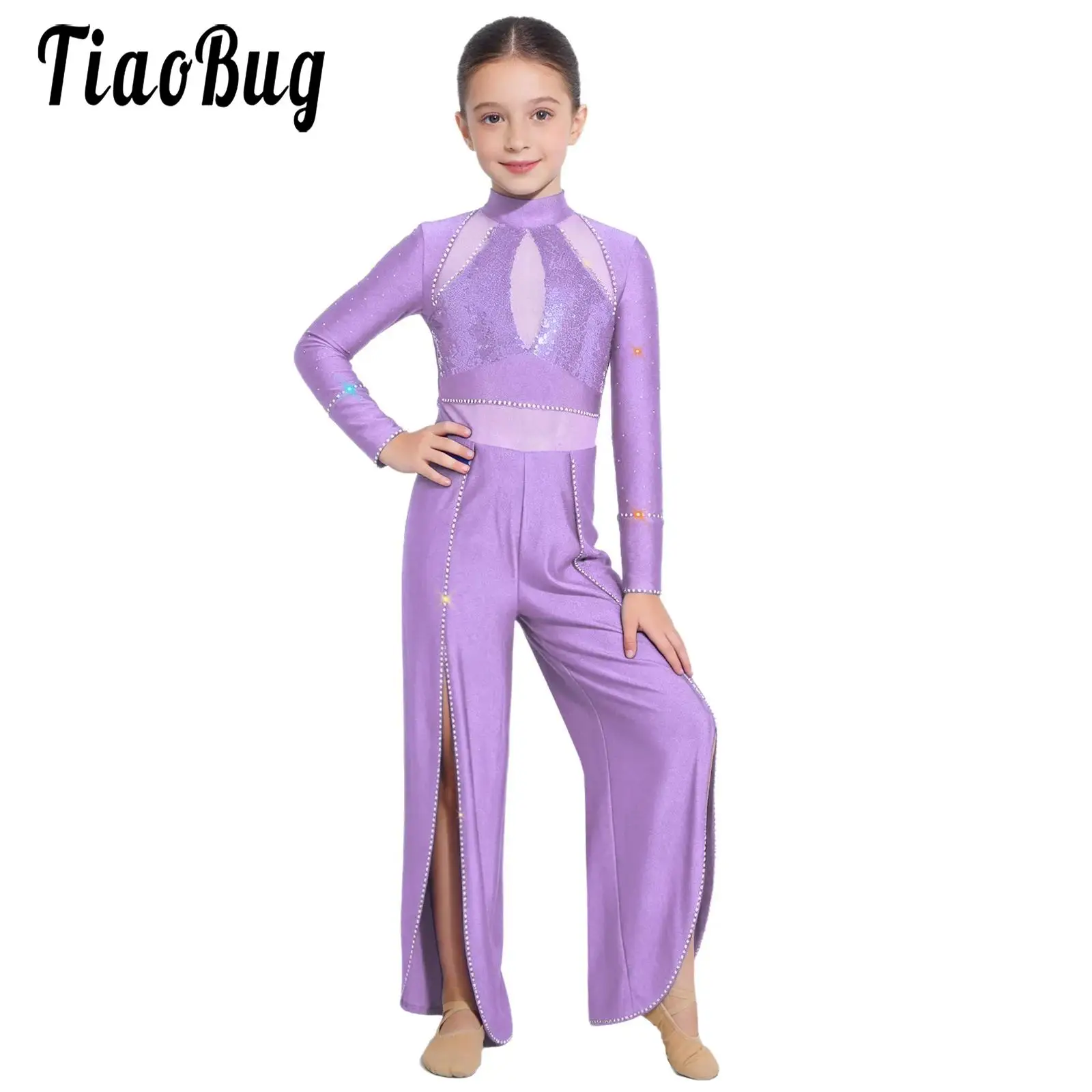

Kids Girls Figure Skating Lyrical Jazz Jumpsuits Performance Costumes Rhinestones Jumpsuit Long Sleeve Sequin Split Dancewear