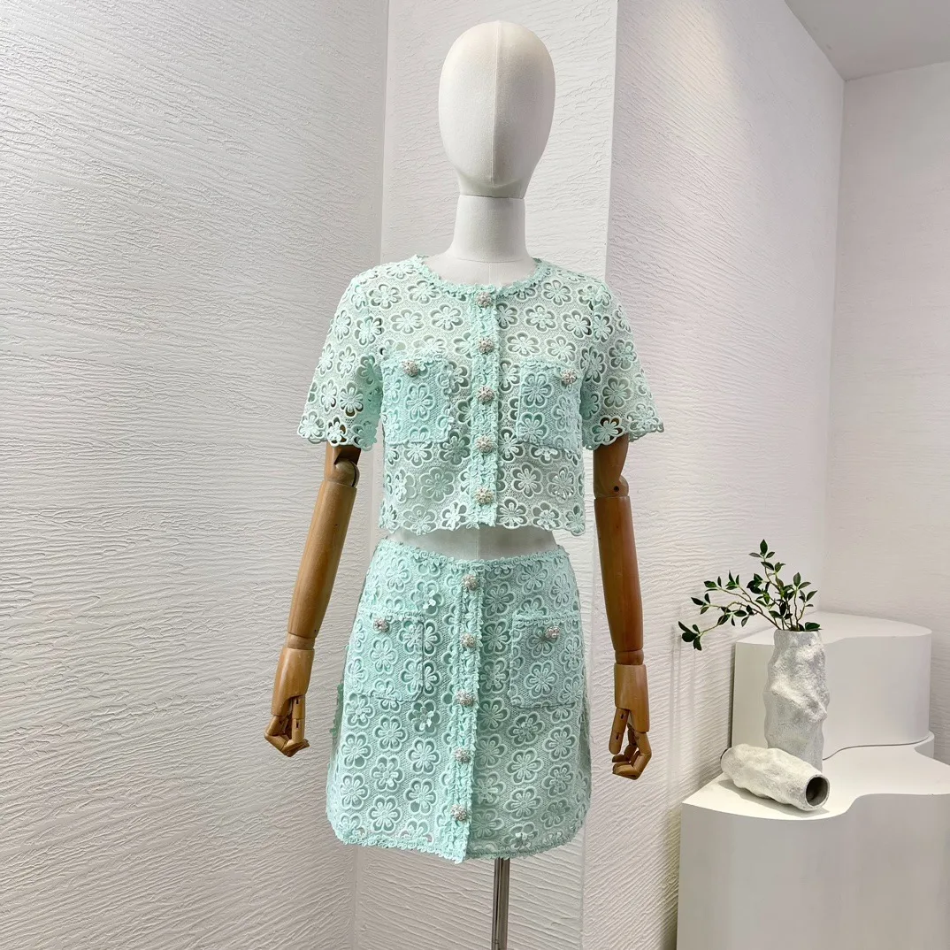 Women's Chemical Lace Short Sleeve Blouse Tops and Mini Skirt Green Hollow Print Chic and Elegant Woman Summer Party Gifts