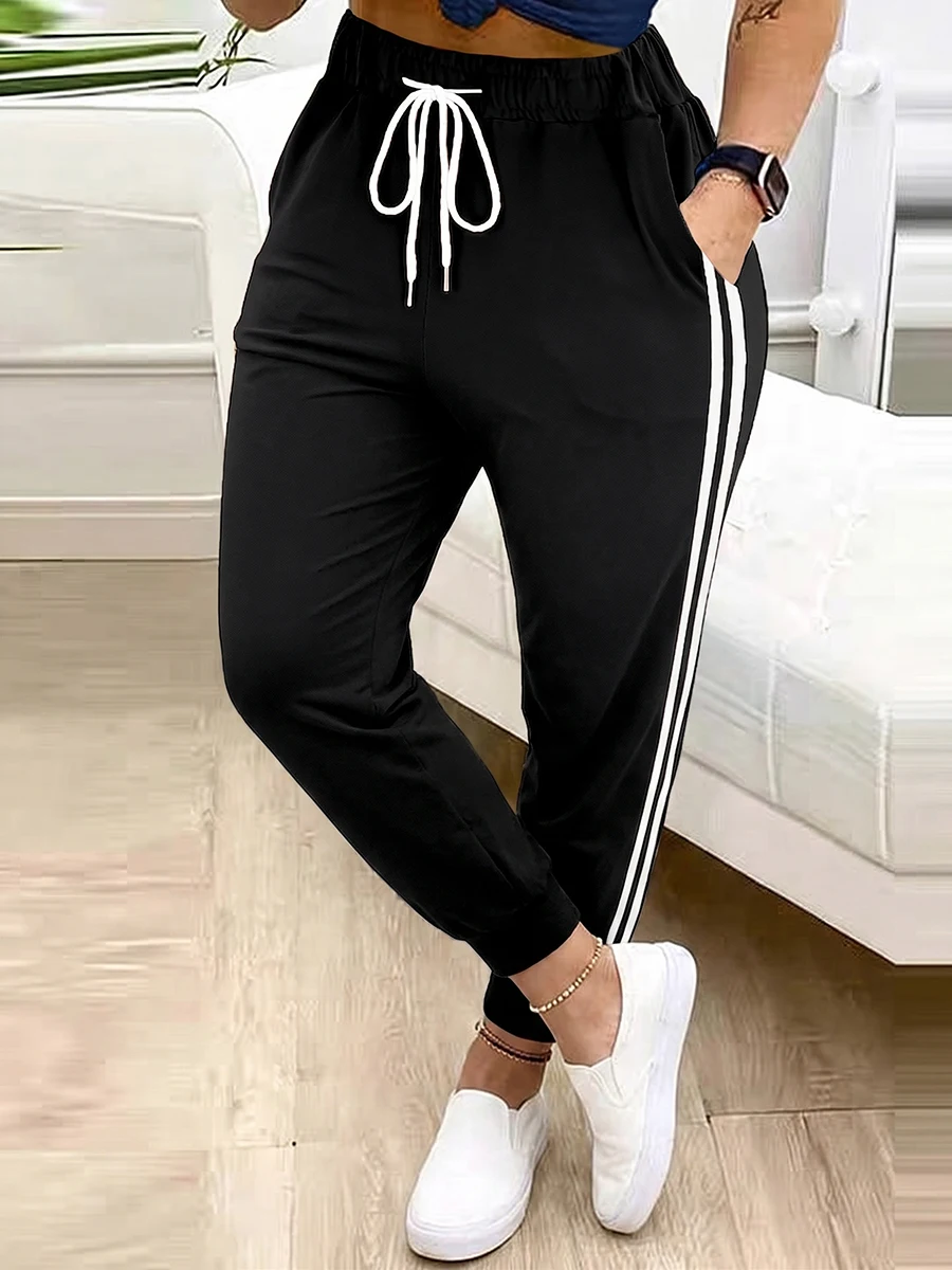 Damen Casual Jogginghose mit Kordelzug, Elastischem Hochbund, Schwarzen Seitenstreifen, Lose Haremshose, Streetwear Caprihose für den Herbst – Detail 1