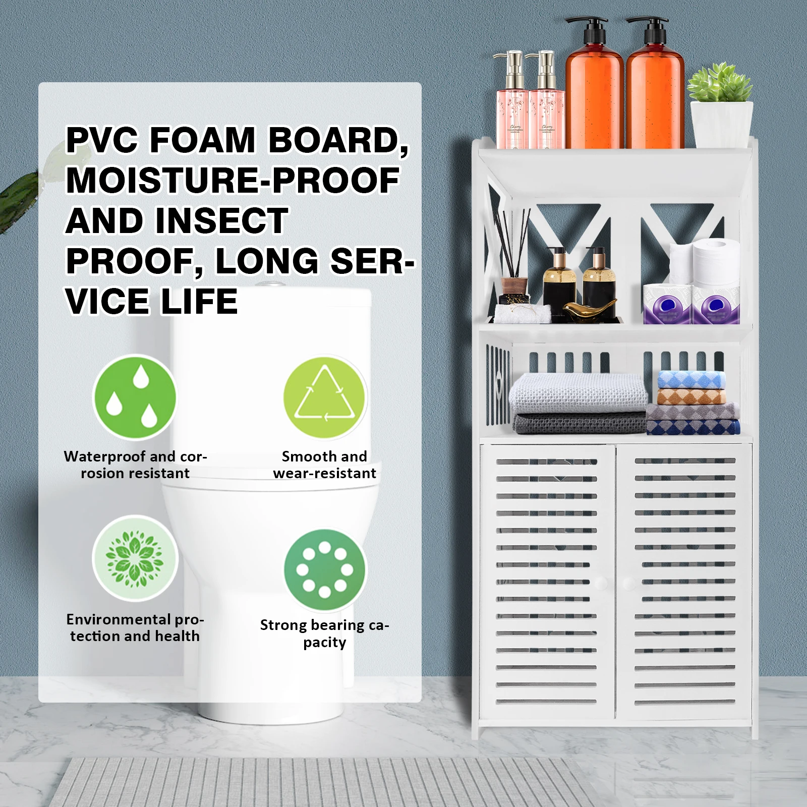 Badezimmer bodens chrank, wasserdichte freistehende Badezimmer aufbewahrung einheit mit täglicher Schicht und Schrank doppeltür, 3-stufiges PVC