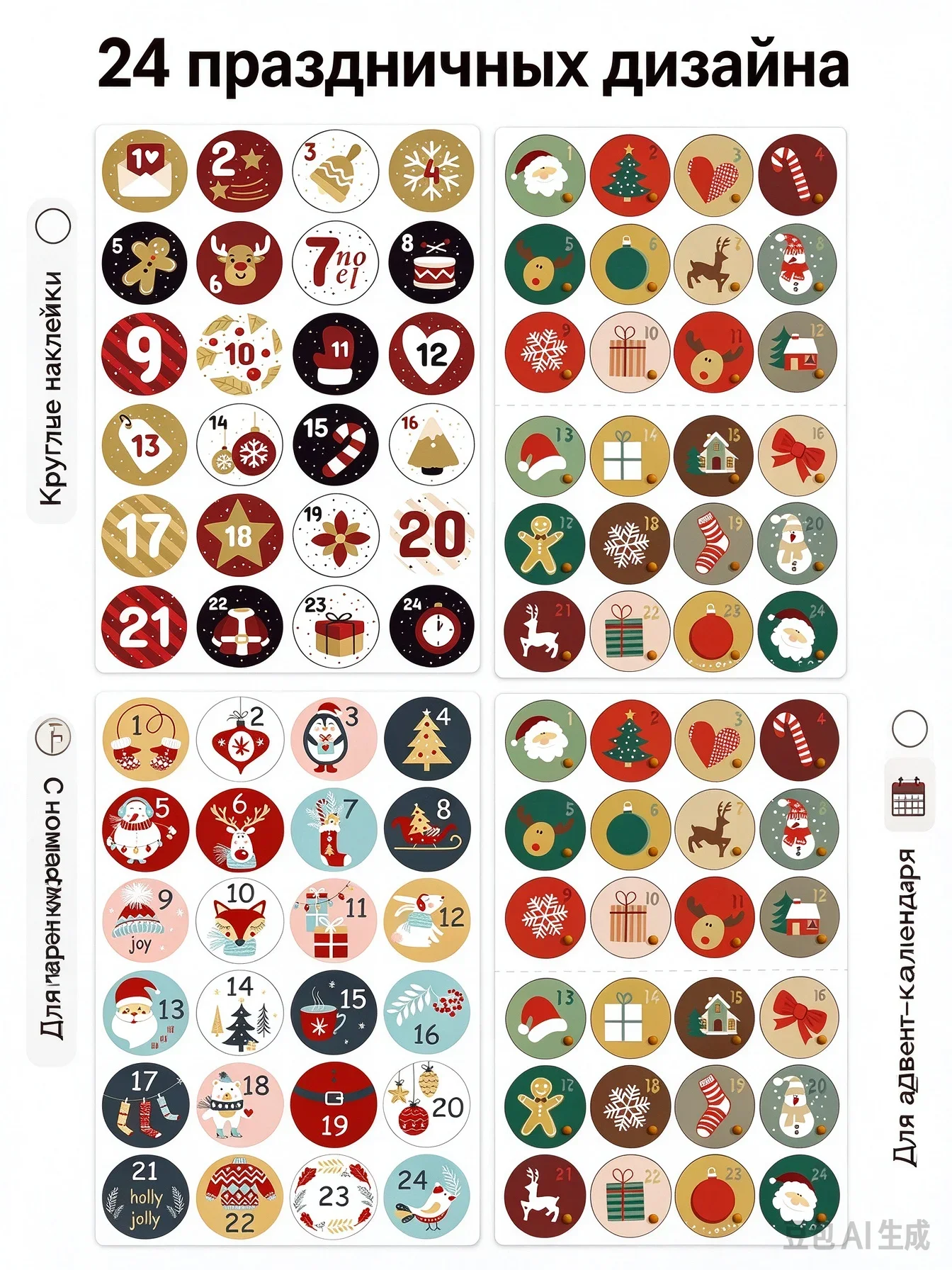 1 sheet/24Pcs Christmas Countdown Number Stickers, Gift Decor Blind Box Set, Calendar Puzzle Stickers with Elk