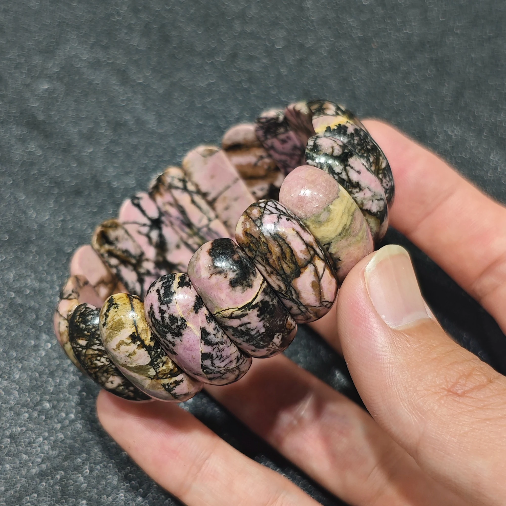 Natural Rhodonite Bar Bracelet Gemstone Oval Curved Slab Cuff Rose Pink Black Web Matrix Crystal Jewelry Supply 1 Piece