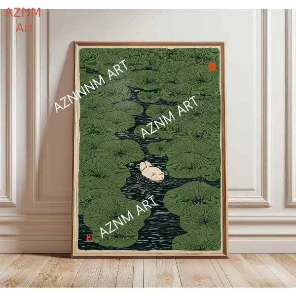 Japanischer Stil Grüne Natur und Katzen-Poster Weidenbaum Lilien-Teich Landschafts-Leinwandgemälde Wandkunst für Wohnzimmer Heimdekoration