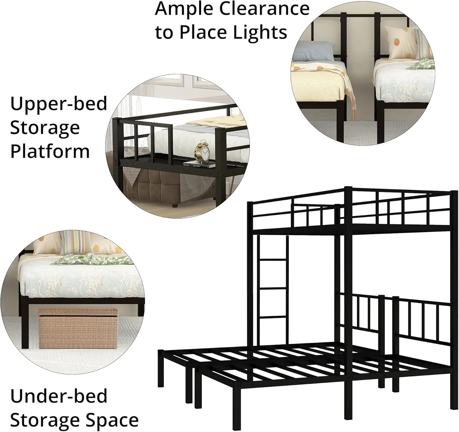 Inclake drieperstapelbed, metalen twin-over-twin- en twin-stapelbedden voor 3 personen met relingen, ladder en bovenbedplatform, afneembaar 3