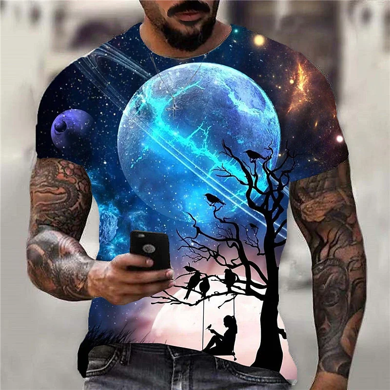 Men's T shirt Galaxy Print Crew Neck Sports Short Sleeve Casual Outdoor Streetwear Male Top Tees Pullover Oversized Clothing