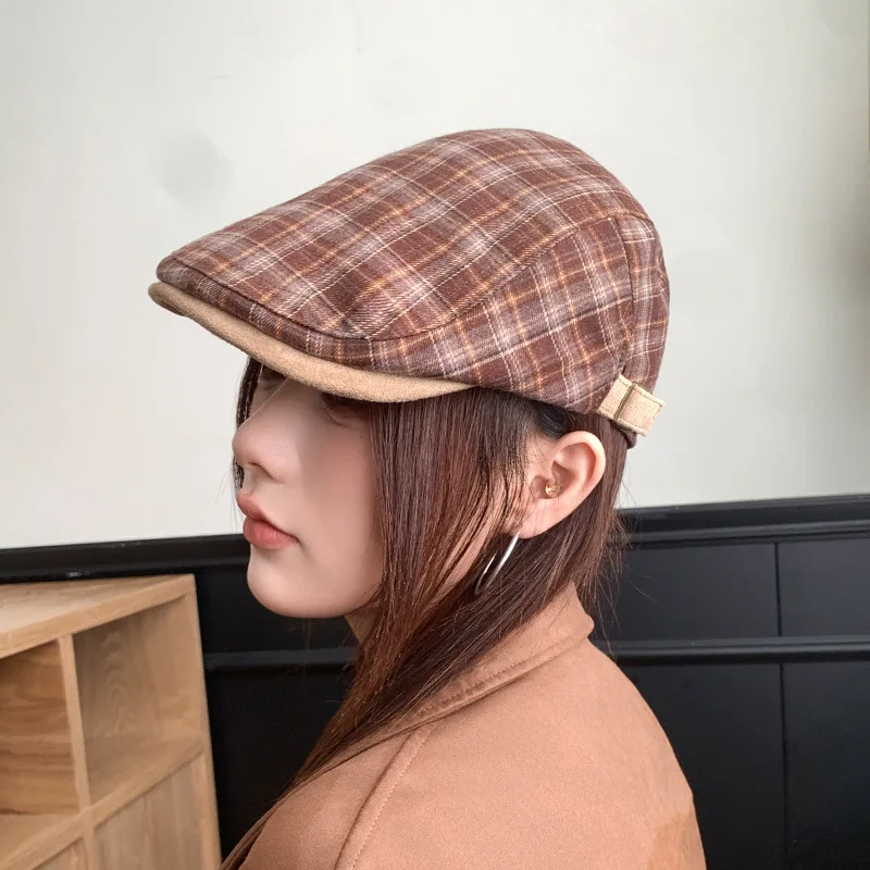 Retro plaid forward hat versatile beret cap winter warm showing off small caps artistic newsboy painter duckbill hats 4m609