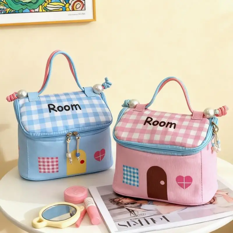 Große Kapazität, wasserdicht, Dopamin, niedliche kleine Kosmetiktasche in Hausform, tragbare Aufbewahrungstasche, Bento-Lunchbox-Tasche, Kulturbeutel – Detail 6