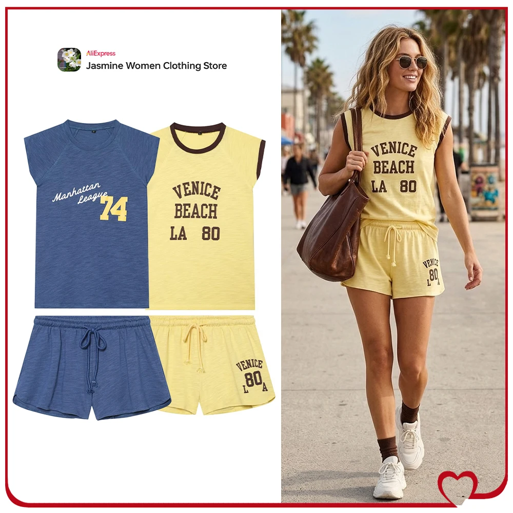 

New in Summer Short Tracksuits for Women Contrast Text Print Matching Sets Flamé T-shirts with Trims and Tonal Drawstring Shorts
