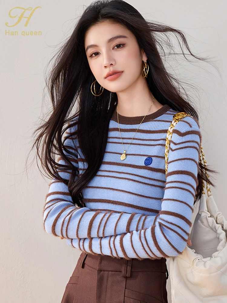 H Han Queen Autumn Winter Striped Knitwear Korean Style T-Shirt Long Sleeve Casual Tops O-Neck Loose Pullover Tee Woman Clothing