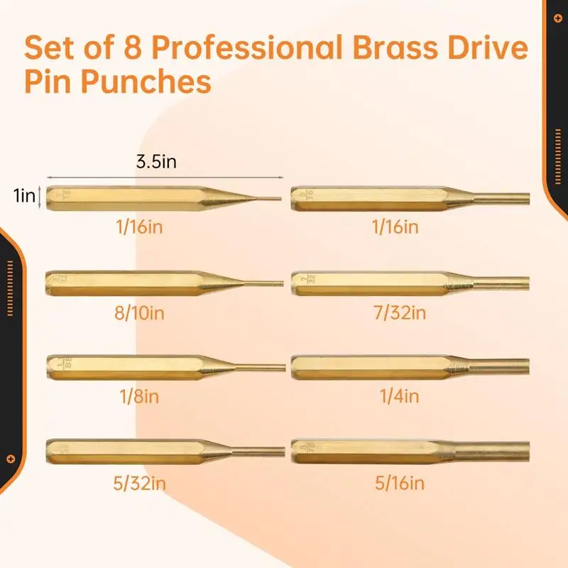 8Pcs Brass Punch Set Non-Marring Professional Brass Drive Pin Punches Brass Pin Punch Repair Tool Assorted Sizes For Gunsmithing