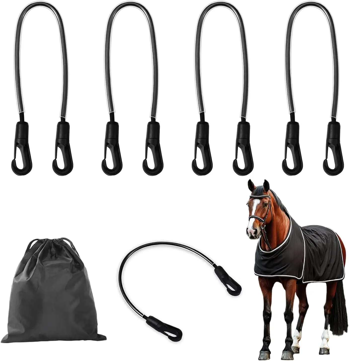 Paquete de 5 correas para manta de caballo, correa trasera elástica ajustable, correa elástica para cola de alfombra de caballo con Clips de doble punta