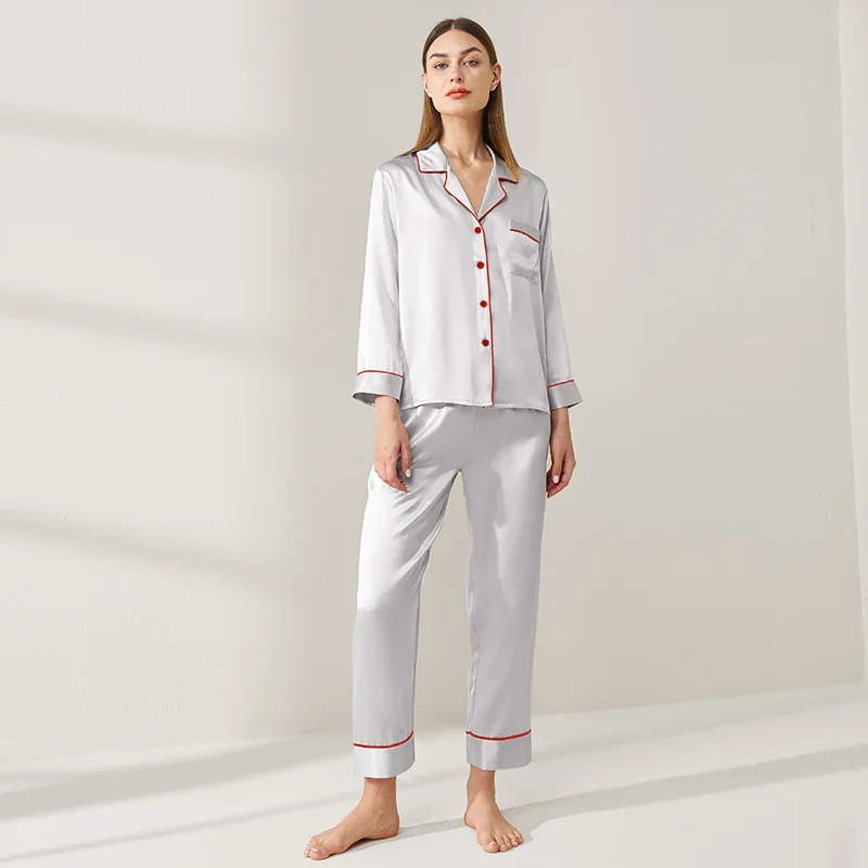 

100% Mulberry Silk Button Down Lapel Pajamas Cardigan Set Solid Color Long Sleeve Long Pants Casual Pajama Nightwear Blue Pijama