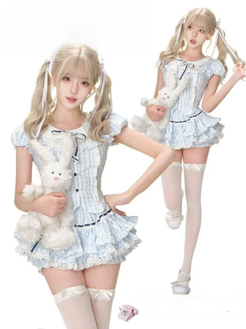 

Summer College Sle Blue Stripes Polka Dot Doll Collar Lace Splice Cake Skirt Set Sweet Match ort Sve round Ne Button up