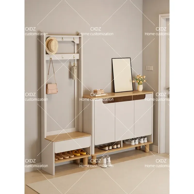 Shoe cabinet, coat rack, integrated combination, large-capacity multi-layer household storage cabinet, shoe change stool